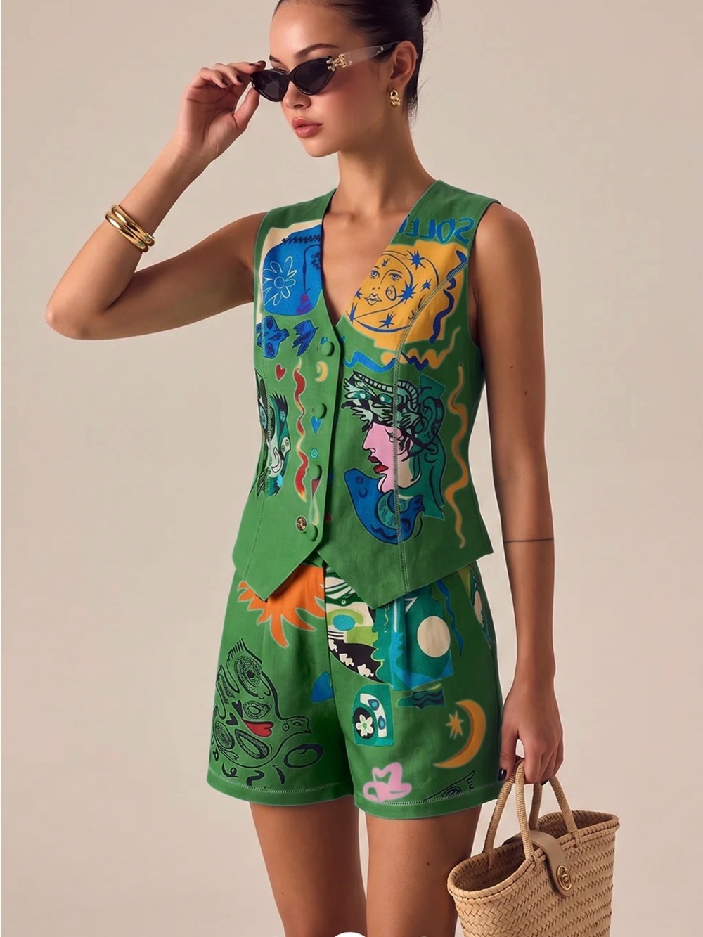 Commense Abstract Art Print Vest & Matching Shorts Set - Green - XL